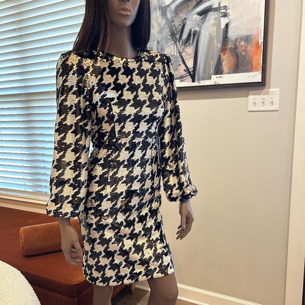 Jude Connally Bianca Black & White Sequin Houndstooth Dress